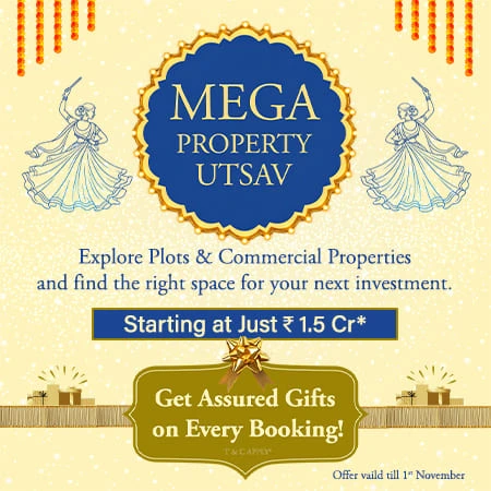 Mega Property Utsav offer banner by Mega Realty Max featuring plots and commercial properties starting at 1.5 Cr with assured gifts on every booking.