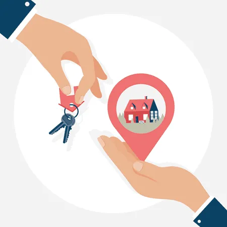 Illustration of a real estate agent handing house keys to a buyer over a map pin icon representing the new property.