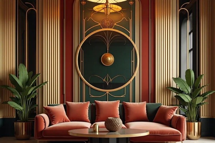 Luxurious Art Deco modern living room with a salmon pink velvet sofa, fluted gold paneling, and a geometric wall feature.
