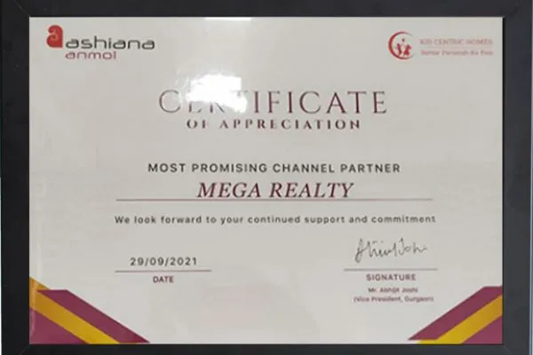 Ashiana Anmol – Certificate of Appreciation, Most Promising Channel Partner