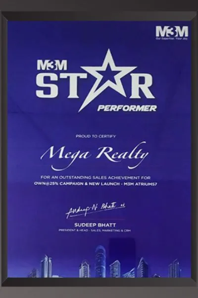 A blue framed certificate from M3M titled 