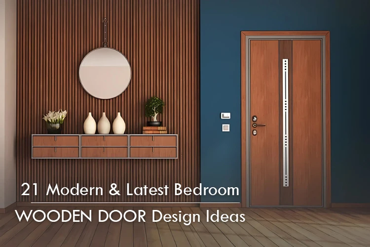 Modern bedroom interior featuring a stylish wooden door, floating sideboard with vases, and a round wall mirror