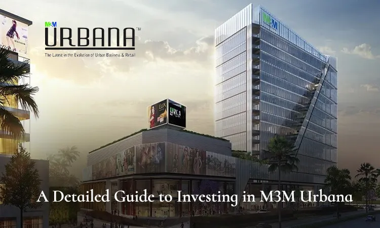 M3M Urbana commercial tower with glass façade and angled roofline, retail podium with LED screens and mall signage, text overlay 