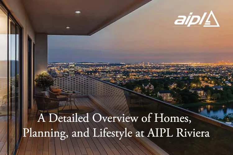 AIPL Riviera balcony with wooden flooring, glass railing, city view at dusk, and potted plants.