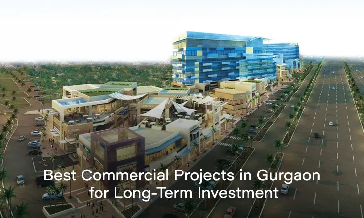 Aerial rendering of a Gurgaon commercial complex with a blue-glass high-rise tower, low-rise retail units, tensile canopy structures, and wide landscaped roads, with text overlay 