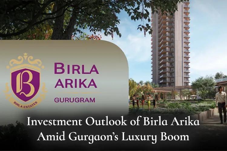 Birla Arika luxury residential tower in Gurugram with landscaped greenery and branding crest.