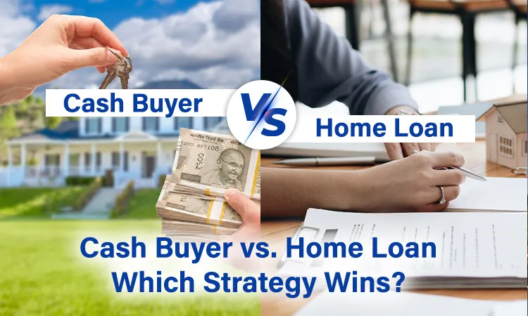 Split image comparing cash buyer on the left with house keys and Indian currency notes versus a home loan applicant signing documents on the right, with text overlay reading Cash Buyer vs. Home Loan Which Strategy Wins.
