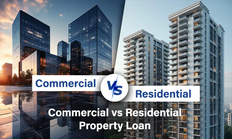 Split-screen graphic comparing commercial and residential property loans, with dark glass office skyscrapers reflected on wet pavement at sunset on the left and white high-rise residential towers with balconies against a blue sky on the right, divided by a circular 