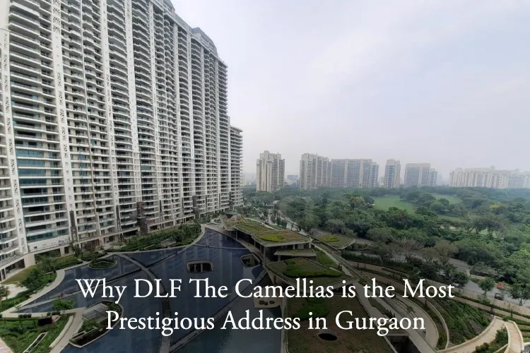erial view of DLF The Camellias luxury residential towers with golf course and landscaped surroundings in Gurgaon.