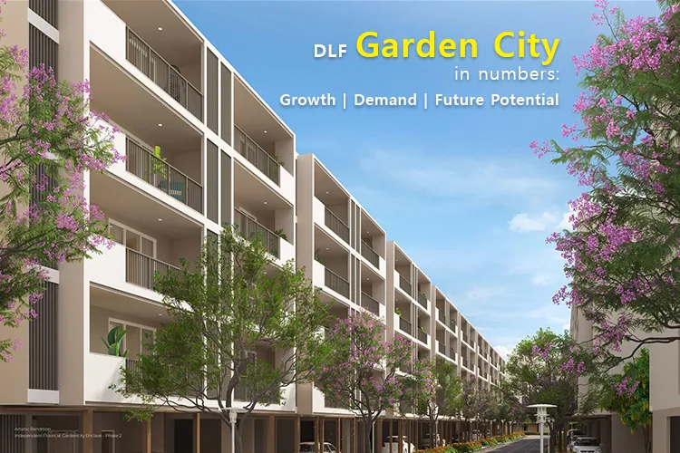 Artistic rendering of DLF Garden City Independent Floors at Gardens by Enclave Phase 2, showcasing modern low-rise residential apartments with landscaped trees and open walkways in Gurugram.
