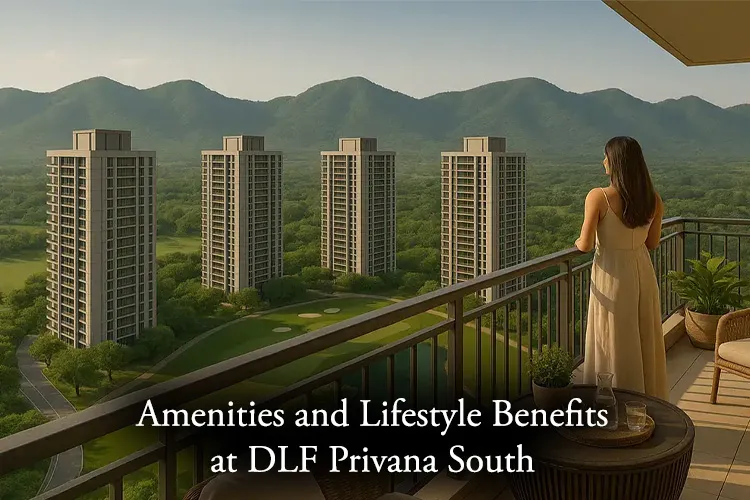 Woman enjoying balcony view of DLF Privana South high-rise residences with greenery and hills in the background.
