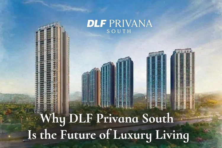 DLF Privana South luxury high-rise residences surrounded by greenery under a partly cloudy sky.