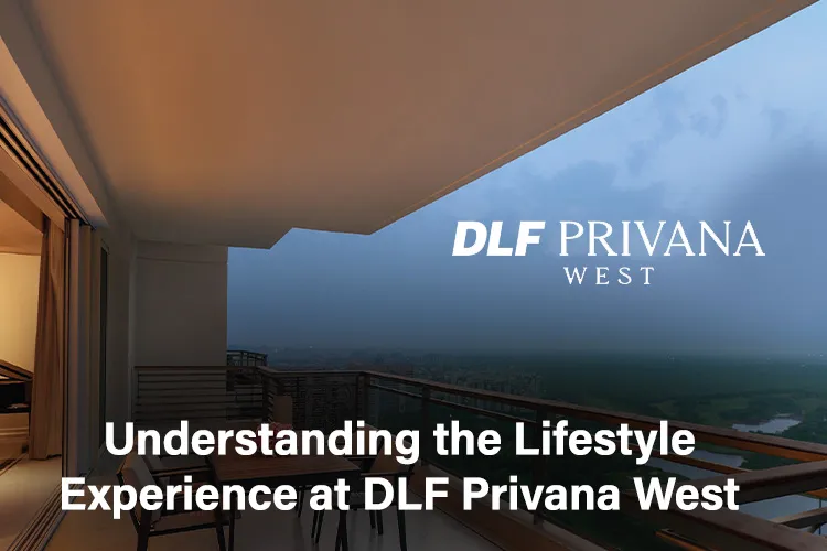 Modern balcony view at DLF Privana West showcasing elegant outdoor living and serene skyline during dusk.