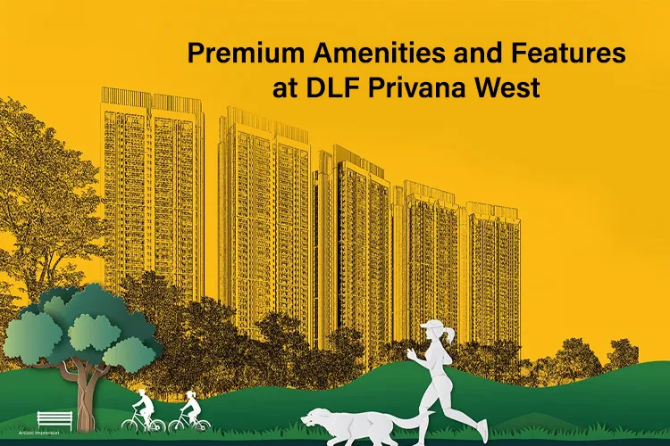 Illustration of DLF Privana West high-rise towers with green hills, trees, and people jogging and cycling, highlighting premium amenities and lifestyle features.