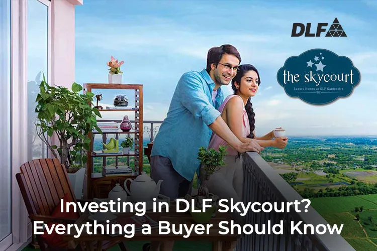 Couple enjoying scenic balcony view at DLF Skycourt luxury apartments in Gurugram