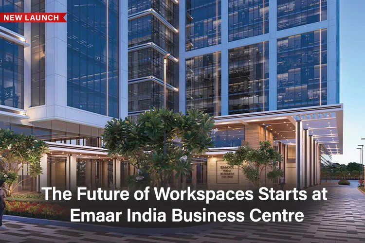 Emaar India Business Centre exterior view showcasing modern glass facade and landscaped entrance.