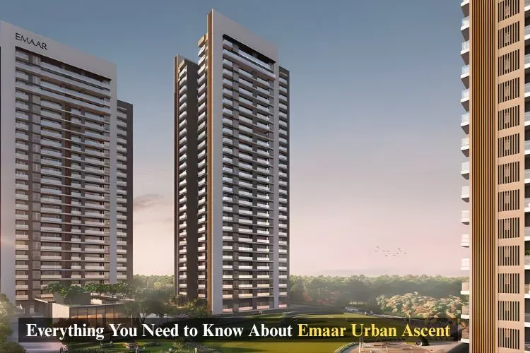 Exterior view of the Emaar Urban Ascent twin luxury apartment towers in Sector 112, Gurgaon, with modern architecture and landscaped surroundings.