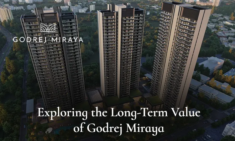 Aerial view of Godrej Miraya's high-rise residential towers with logo, with overlay text 