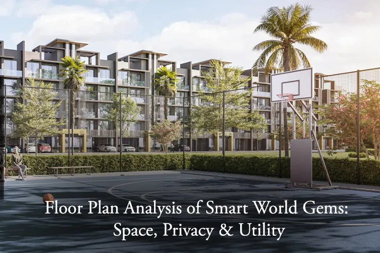 Exterior view of Smart World Gems residential complex with basketball court and lush greenery highlighting the text 