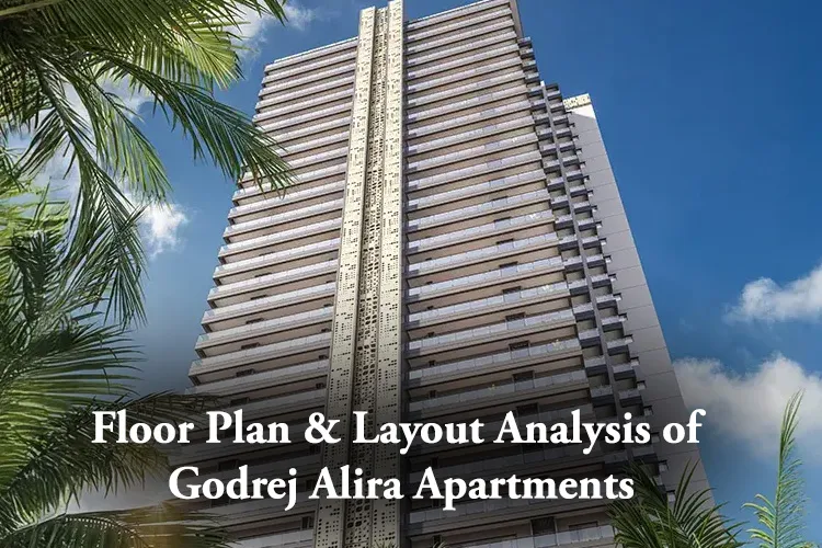 Exterior view of Godrej Alira, a modern high-rise residential tower with a sleek facade, glass balconies, and a decorative golden vertical element, surrounded by palm trees against a blue sky.