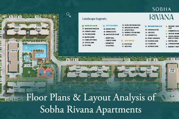 Aerial site layout map of Sobha Rivana residential apartment complex showing multiple towers, clubhouse, landscaped amenities, and a landscape legend categorizing parks, active arena, kid's world, and recreational hub facilities..