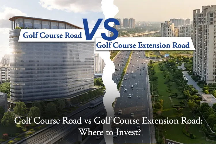 Split comparison image of Golf Course Road and Golf Course Extension Road in Gurugram showing premium commercial and residential real estate.