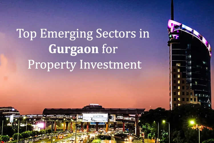 Twilight cityscape of Gurgaon with illuminated high-rise and traffic lights, highlighting property investment opportunities in emerging sectors.