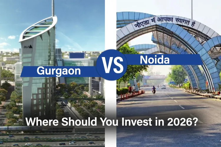Gurgaon vs Noida real estate investment comparison 2026 – DLF cyber city skyline vs Noida welcome arch.