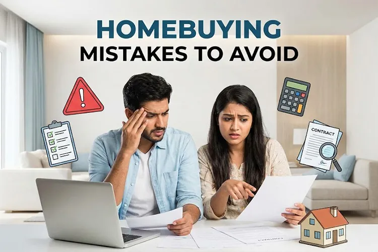 Concerned couple reviewing homebuying documents with warning icons and checklist illustrations.