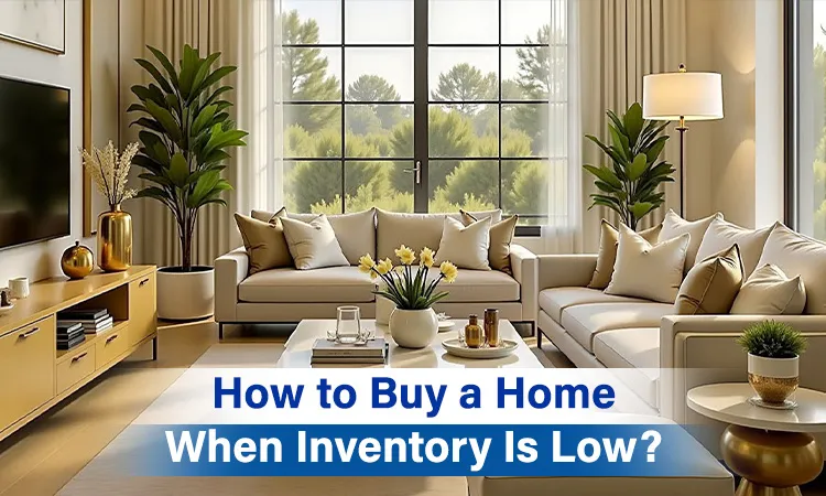 A bright and elegant living room with beige sofas, indoor plants, and large windows with the text 