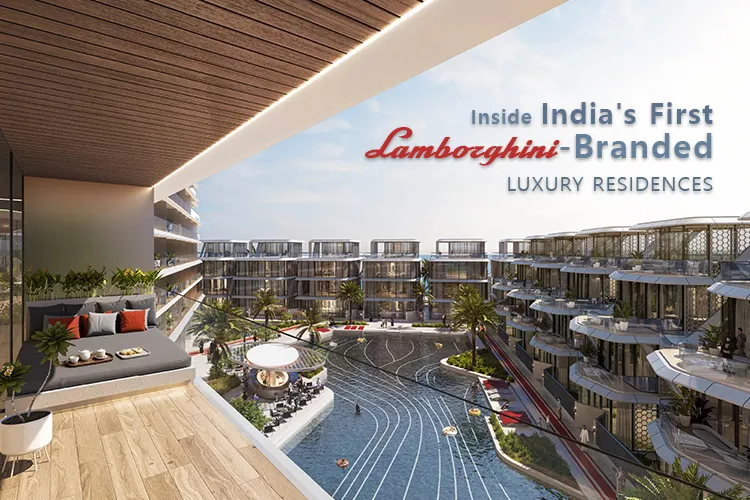 Aerial view of India's first Lamborghini-branded luxury residential complex featuring curved balconies, a lagoon-style pool, and lush landscaping.