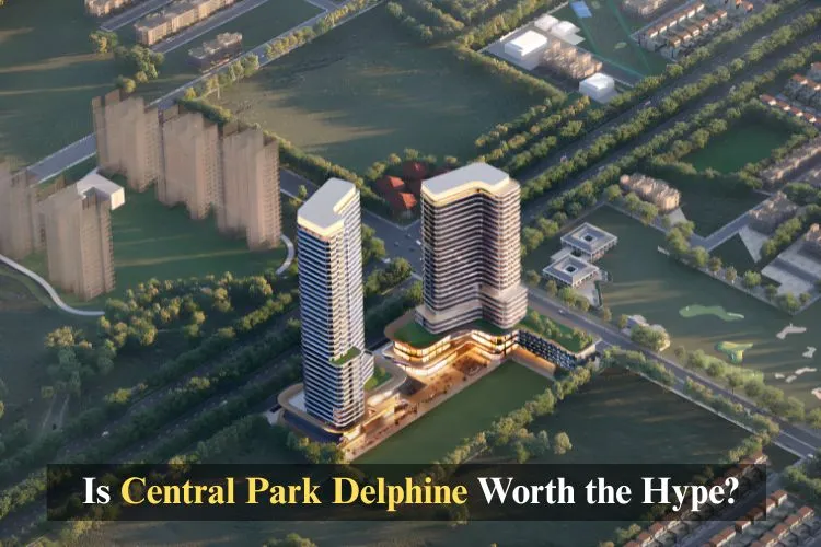 Aerial view of Central Park Delphine luxury high-rise apartments amidst green landscapes and urban development, asking 