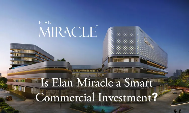 Elan Miracle commercial project exterior view with modern architecture in Gurugram. The text 