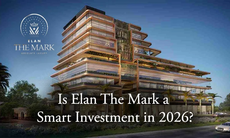 Elan The Mark luxury commercial project exterior view with modern glass facade and green landscaping in Gurugram. The white text highlights 