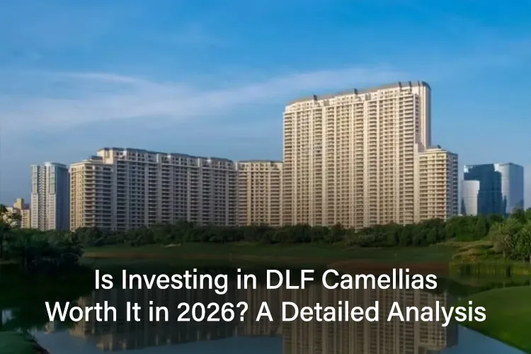 Aerial view of DLF Camellias luxury residential towers in Gurugram surrounded by green landscape.