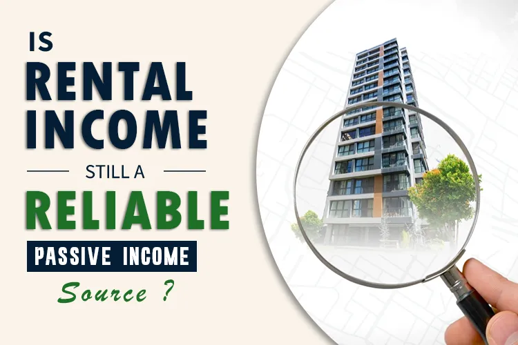 A magnifying glass examining a modern high-rise apartment building, symbolizing a closer look at rental income as a reliable passive income source.