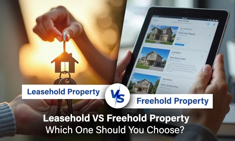 Split image comparing leasehold property with a hand holding house-shaped keys against a sunset, and freehold property with a hand holding a tablet showing home listings, divided by a blue 