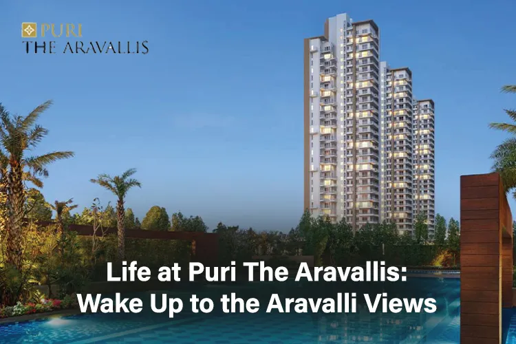 Puri The Aravallis residential towers with lush greenery and pool view at dusk in Sector 61, Gurugram.
