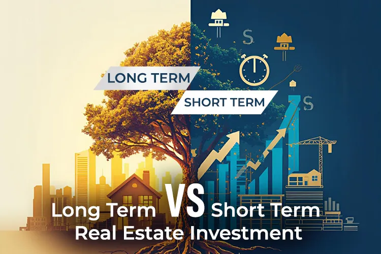 Illustration comparing long-term and short-term real estate investment strategies with a tree symbolizing growth, city skyline, financial icons, and construction elements.