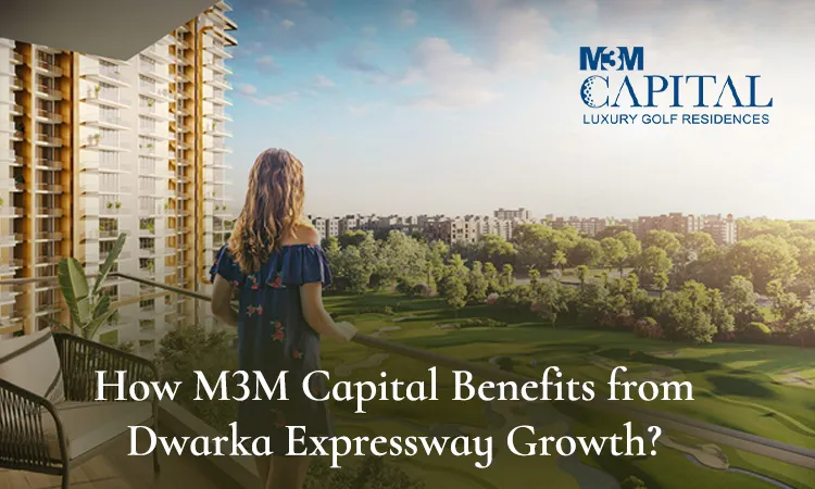 Woman in navy blue floral off-shoulder dress overlooking M3M Capital's golf course and Gurugram skyline from a high-rise balcony, with M3M Capital Luxury Golf Residences logo and text 