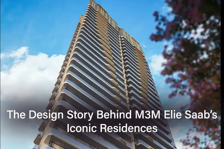 Modern high-rise view of M3M Elie Saab Residences with pink foliage and clear sky, showcasing architectural elegance.