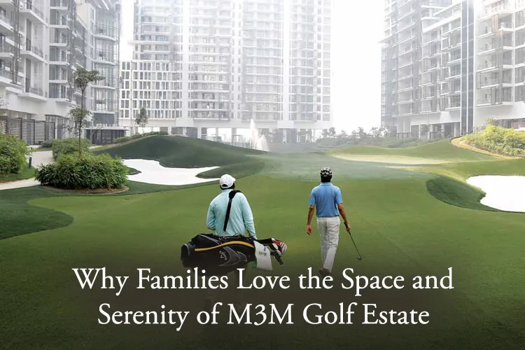 Two people enjoying golf at M3M Golf Estate, surrounded by lush green lawns and modern high-rise residences, highlighting family-friendly luxury living.