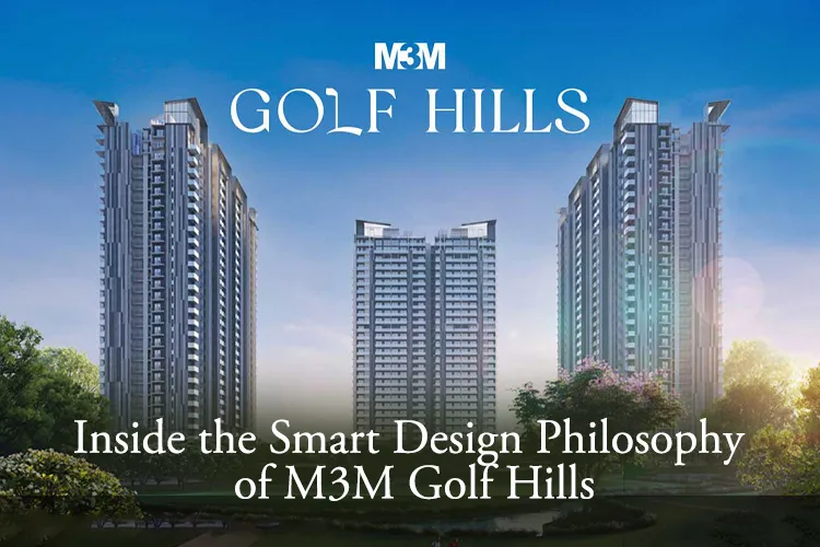 Three modern high-rise towers of M3M Golf Hills surrounded by landscaped greenery under a clear blue sky.