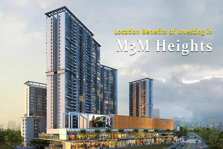 Modern high-rise development of M3M Heights in Gurugram showcasing residential towers, commercial complex, and landscaped surroundings highlighting location benefits.