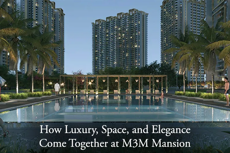 Luxurious poolside view of M3M Mansion with high-rise towers, palm trees, and ambient lighting in Gurugram.