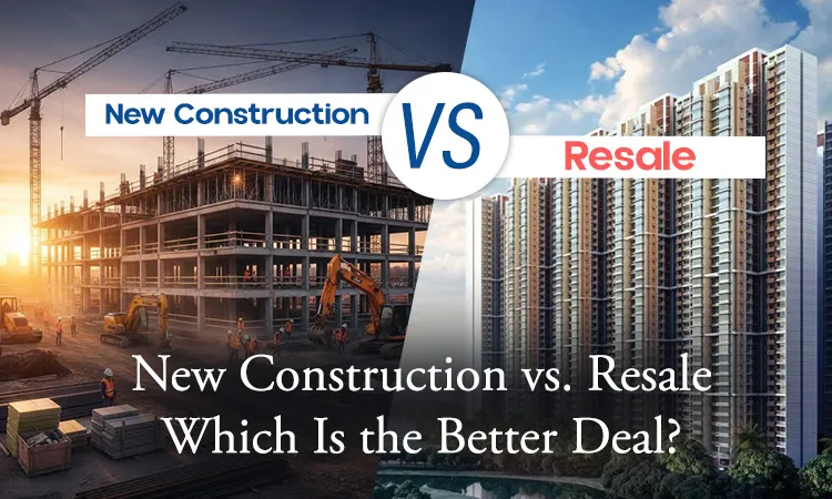 Split image comparing new construction site with cranes and workers on the left and a ready resale residential tower on the right with text New Construction vs. Resale Which Is the Better Deal?