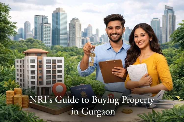 NRI couple holding house keys and property documents with Gurgaon skyline in the background.