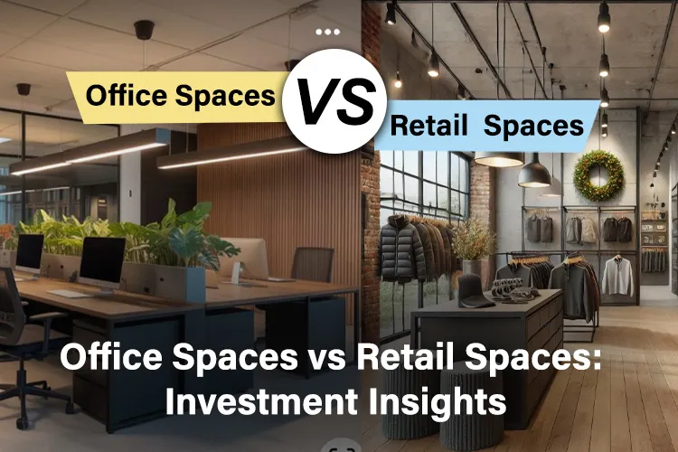 Split-screen comparison of modern office interior and stylish retail store with VS graphic highlighting investment insights between office spaces and retail spaces.