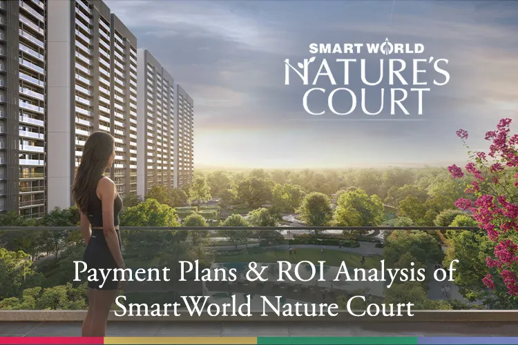 Aerial view of SmartWorld Nature's Court residential towers surrounded by lush greenery, with a woman overlooking the landscaped development from a balcony.