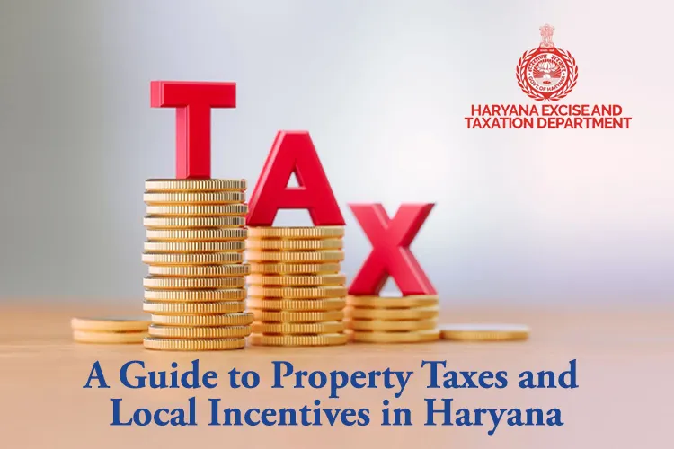 Stacks of gold coins supporting red TAX letters with Haryana Excise and Taxation Department emblem and guide title.